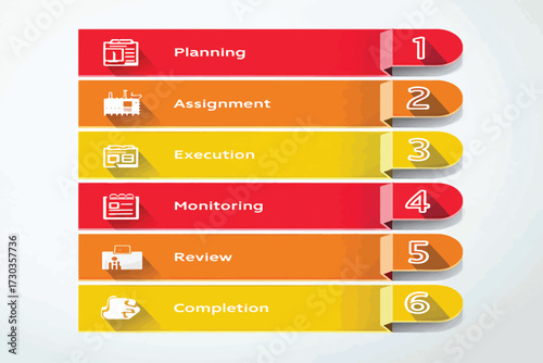 Dynamic six-step infographic detailing a structured approach to project development and completion with clear process flow