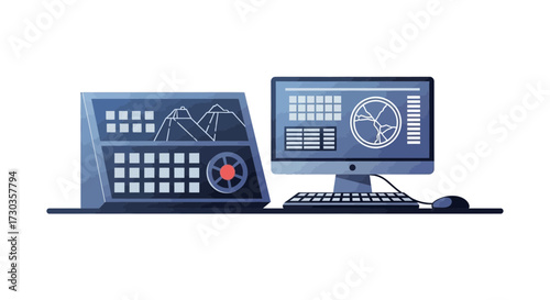 Futuristic monitoring station featuring digital displays and data visualizations