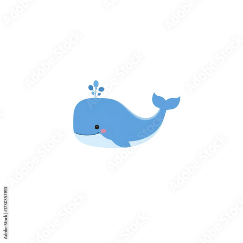 A charming illustration of a happy blue whale spouting water, designed in a delightful cartoon style for children's content and playful designs