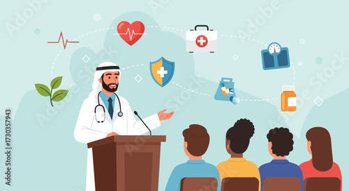 A doctor in traditional attire giving a presentation about health and wellness to an audience.