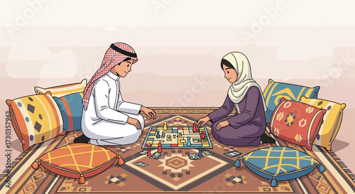 Two children in traditional attire engrossed in playing a board game on a patterned rug.