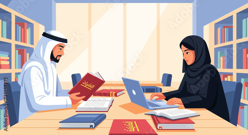 Two Arab individuals, a man reading a book and a woman using a laptop, are studying together in a library setting.