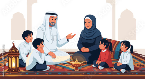 A Middle Eastern family sits on a rug, with the father gesturing as he tells a story to his children.