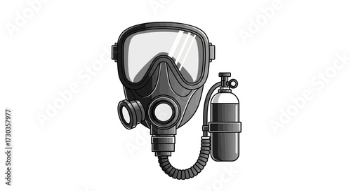 Illustration of a Full-Face Respirator with Connected Oxygen Tank Equipment