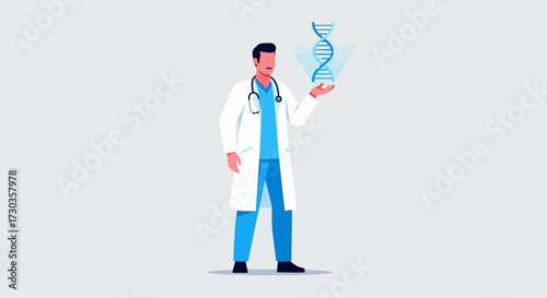 A doctor in a white coat holds a glowing DNA strand, illustrating medical science.