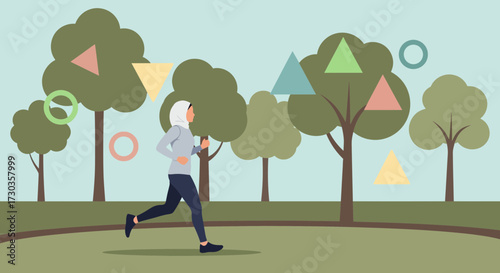 A woman wearing a hijab is jogging through a park with trees and geometric shapes.