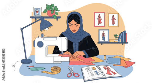 Woman in hijab sewing fabric at a desk with sewing machine, design book, and other tools.