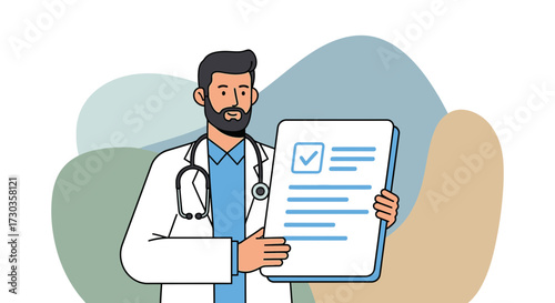 A bearded doctor in a white coat holds a medical document with a checkmark, set against an abstract background.