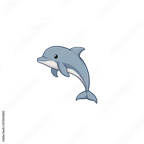 A charming and friendly cute cartoon dolphin character jumping happily. Vector illustration of an aquatic mammal isolated on a white background