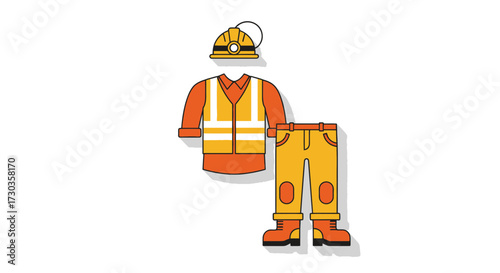 Illustration of miner workwear featuring helmet, reflective vest and boots