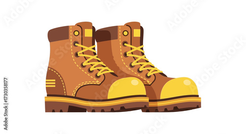 Illustration of sturdy brown work boots with yellow laces and soles