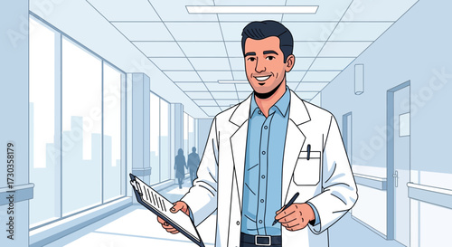 A smiling doctor in a white coat stands in a hospital hallway holding a clipboard and pen.