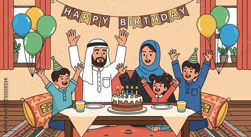 A joyful family celebrates a birthday with cake, balloons, and festive decorations.