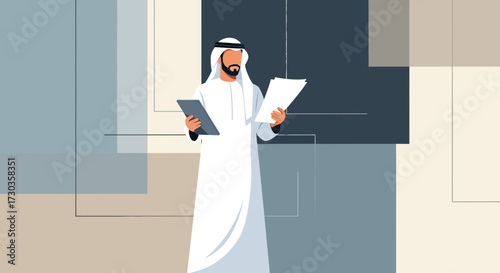 An Arab man in traditional clothing holds documents and a tablet, standing against an abstract geometric background.