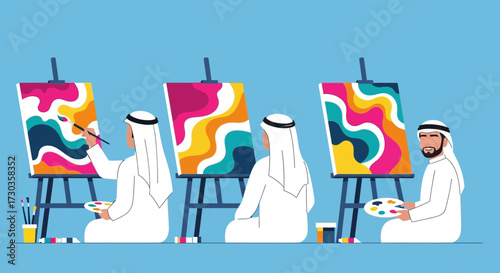 Three Arab men in traditional attire painting vibrant abstract art on canvases.