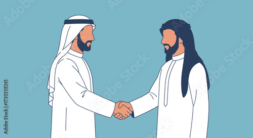 Two men in traditional Arab clothing shaking hands, symbolizing agreement or partnership.