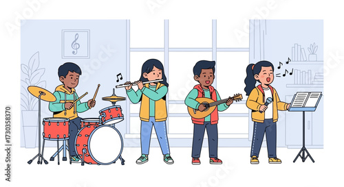 Four children are playing musical instruments together in a brightly lit room, enjoying music.