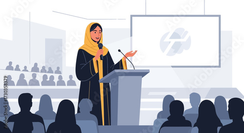 A woman in traditional attire giving a presentation at a conference, addressing an audience.