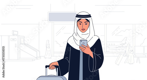 Arab woman in traditional clothing at an airport, looking at her phone while holding a suitcase.