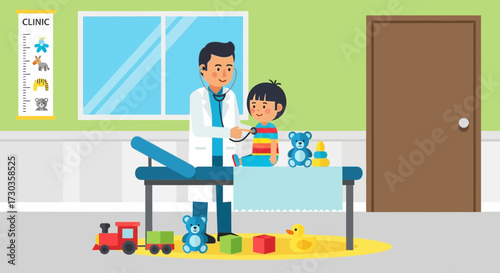 A doctor examining a young child with a stethoscope in a clinic setting.