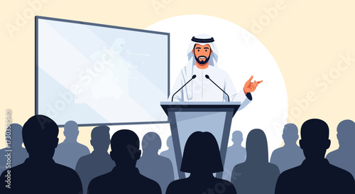 An Arab man in traditional attire gives a presentation to an audience.