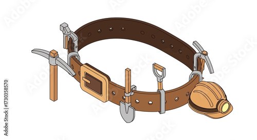 Isolated Illustration of a Mining Belt with Tools and Miner's Helmet