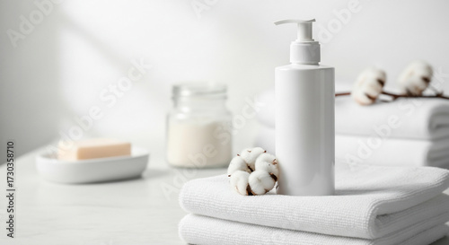 Natural pump bottles Mockup , cotton, and towels on white background