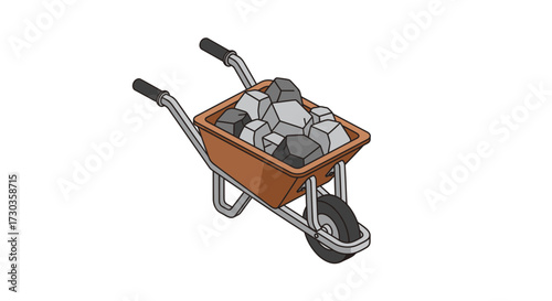 Isometric Brown Wheelbarrow Carrying Gray Rocks on a White Backdrop