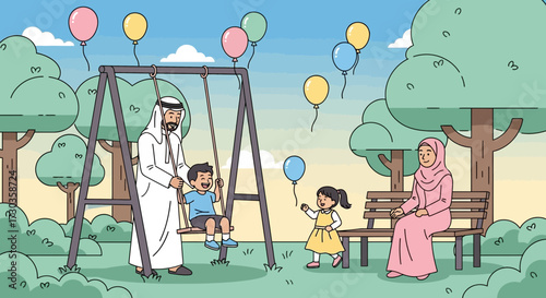 A family enjoys a sunny day at a park, with children playing on swings and holding balloons.
