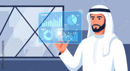 Arab businessman in traditional clothing interacts with a transparent screen displaying data charts and graphs.