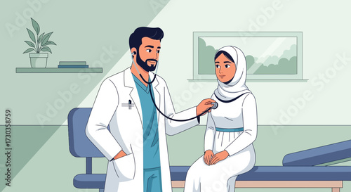 A doctor examines a patient wearing a hijab in a medical examination room.