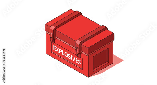 Isometric illustration depicting a closed red box labelled 'explosives' on white