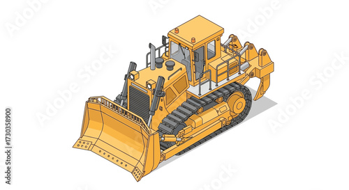 Isometric illustration of a bright yellow bulldozer with black lines