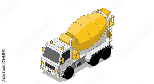 Isometric illustration of a cement mixer truck on a white background