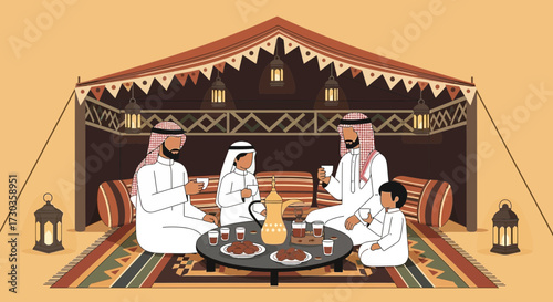 A family of four in traditional Arab dress drinking coffee inside a tent with lanterns.