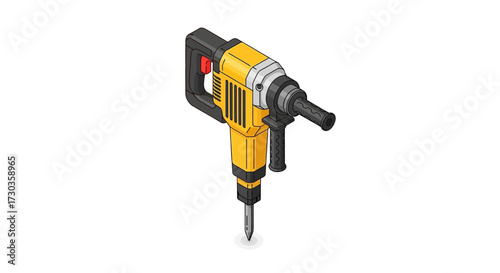 Isometric illustration of a jackhammer, construction and demolition equipment
