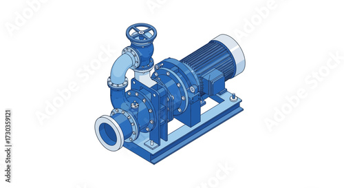 Isometric illustration of an industrial water pump with valve and motor