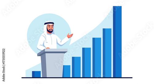 An Arab man in traditional clothing is giving a presentation next to a growing bar graph.