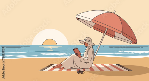 A person relaxing on the beach under an umbrella, reading a book, enjoying the sunset.