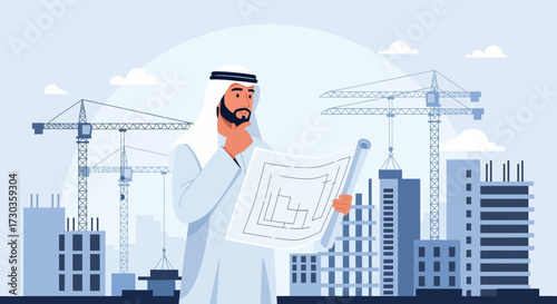 Arab man in traditional clothing thoughtfully reviews blueprints with construction site and skyscrapers in the background.
