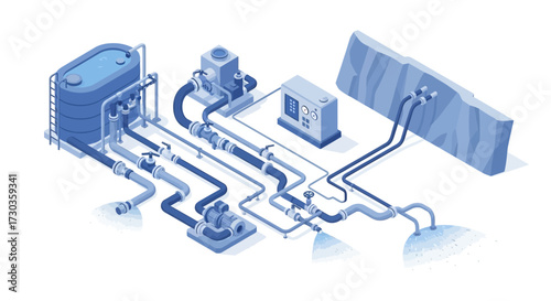 Isometric Industrial Water System Illustration Depicting Spraying Process