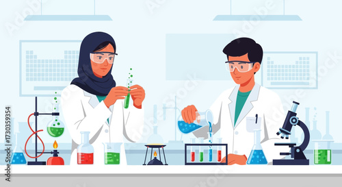 Two scientists, one wearing a hijab, conduct experiments in a laboratory setting.