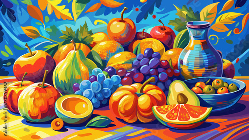very beautiful Vibrant oil painting of various fruits in Post Impressionism style using bold colors like blue orange and yellow classic and vintage illustration
