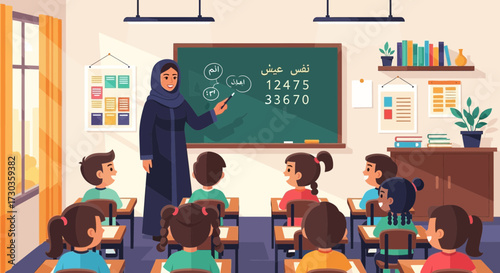 A female teacher in hijab points to a chalkboard with Arabic script and numbers, teaching a diverse group of students in a classroom setting.
