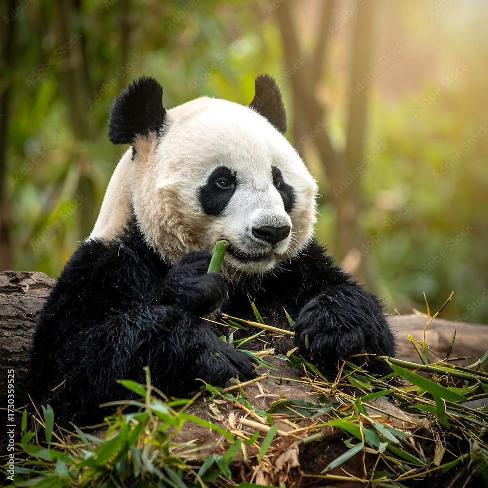 Fototapeta premium Panda Eating Bamboo in Nature.