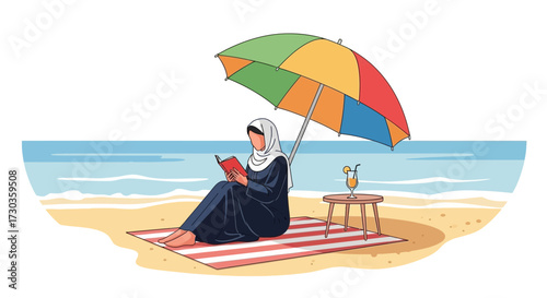 An illustration depicts a woman in traditional attire reading a book on a beach under a colorful umbrella.