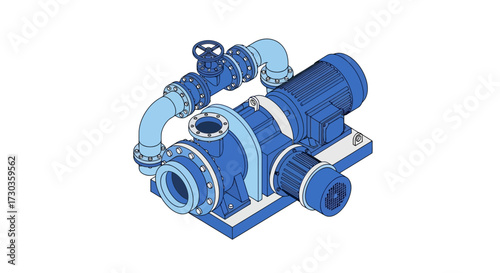 Isometric representation of an industrial pump system with motor and valve