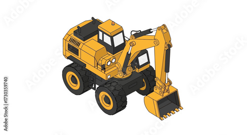 Isometric view of a yellow excavator on a white background illustration