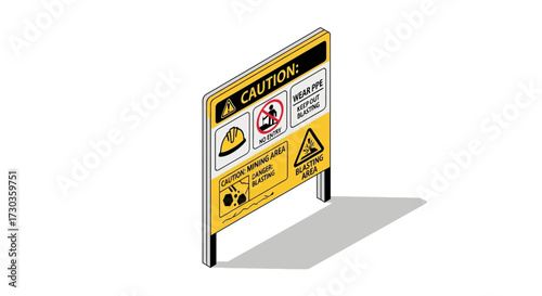 Isometric view of caution sign indicating dangers in a mining and blasting zone