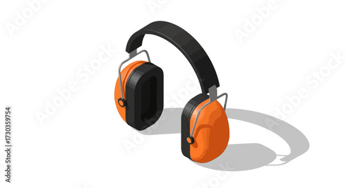 Isometric view of industrial orange and black earmuffs for noise cancellation